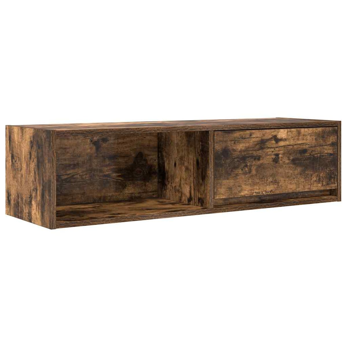 Ein schwebendes Holzregal mit zwei offenen Fächern und einer Schublade. Es ist braun mit sichtbarer Holzmaserung auf weißem Hintergrund.
