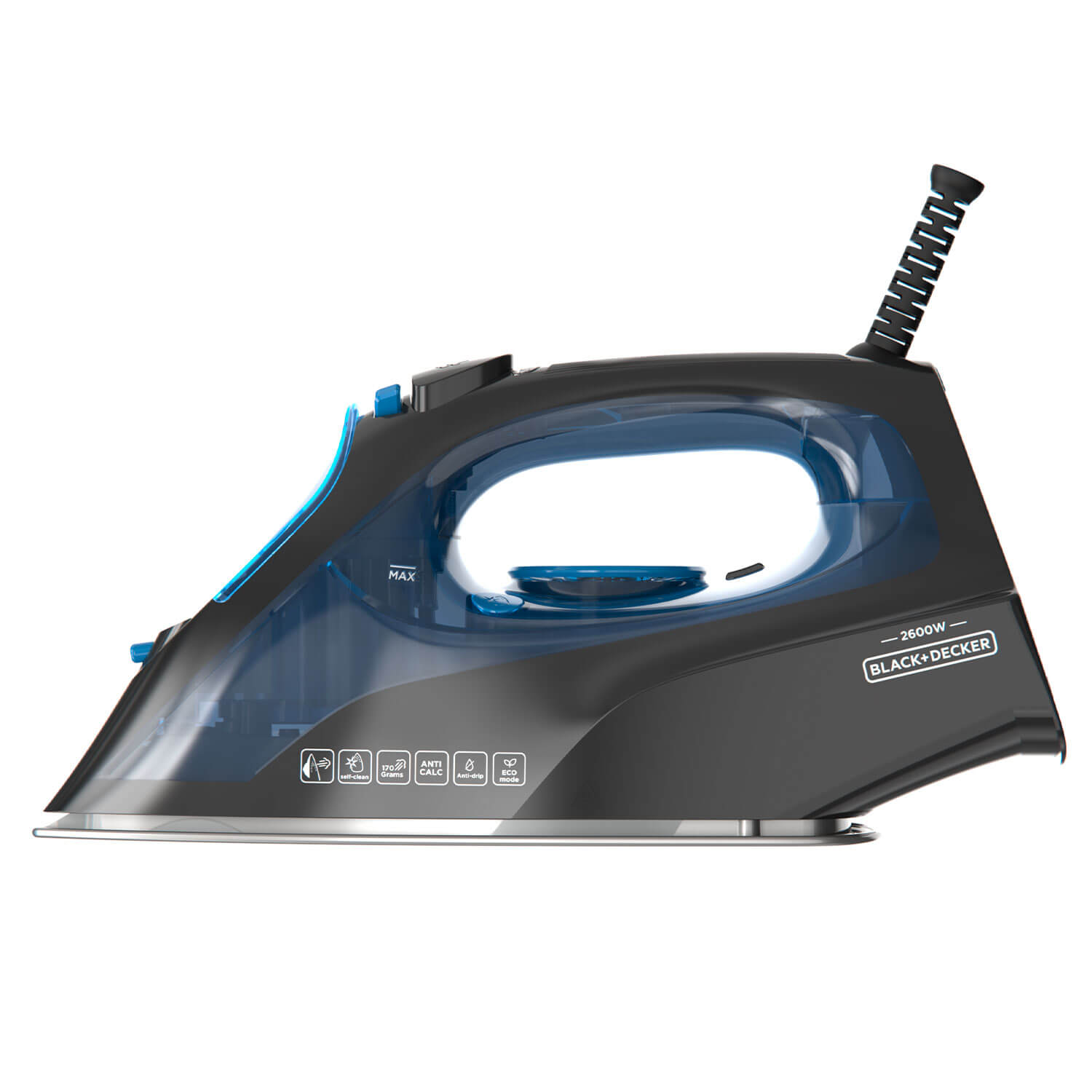 Ein schwarzes und blaues BLACK+DECKER Bügeleisen. Zu den Merkmalen gehören Selbstreinigung, Anti-Kalk und Eco-Modus. Es hat einen Wassertank und eine MAX-Pegelanzeige.