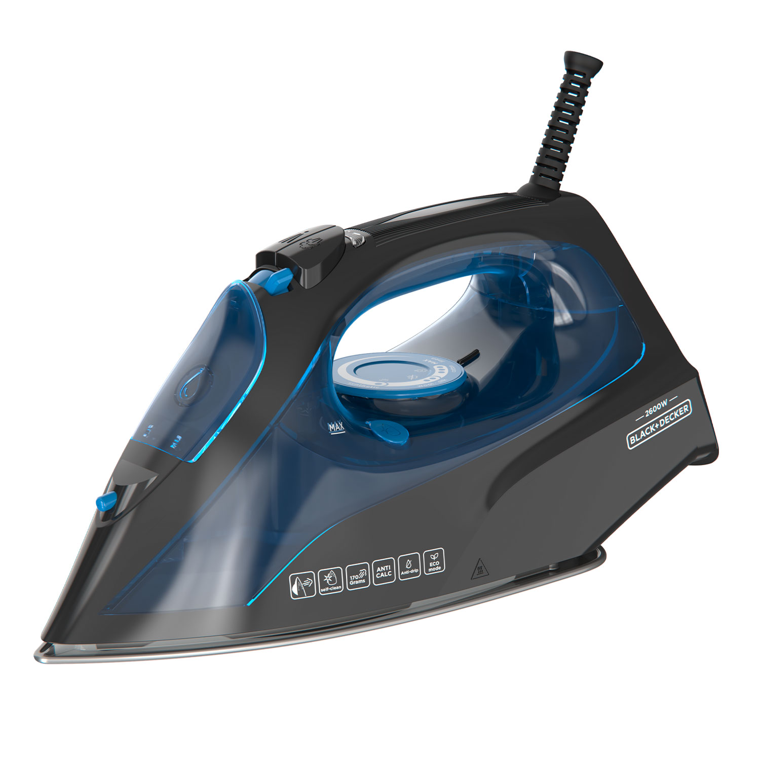 Ein schwarz-blaues Black+Decker-Bügeleisen auf weißem Hintergrund. Merkmale: Wassertank und verschiedene Einstellungen. 2600W.