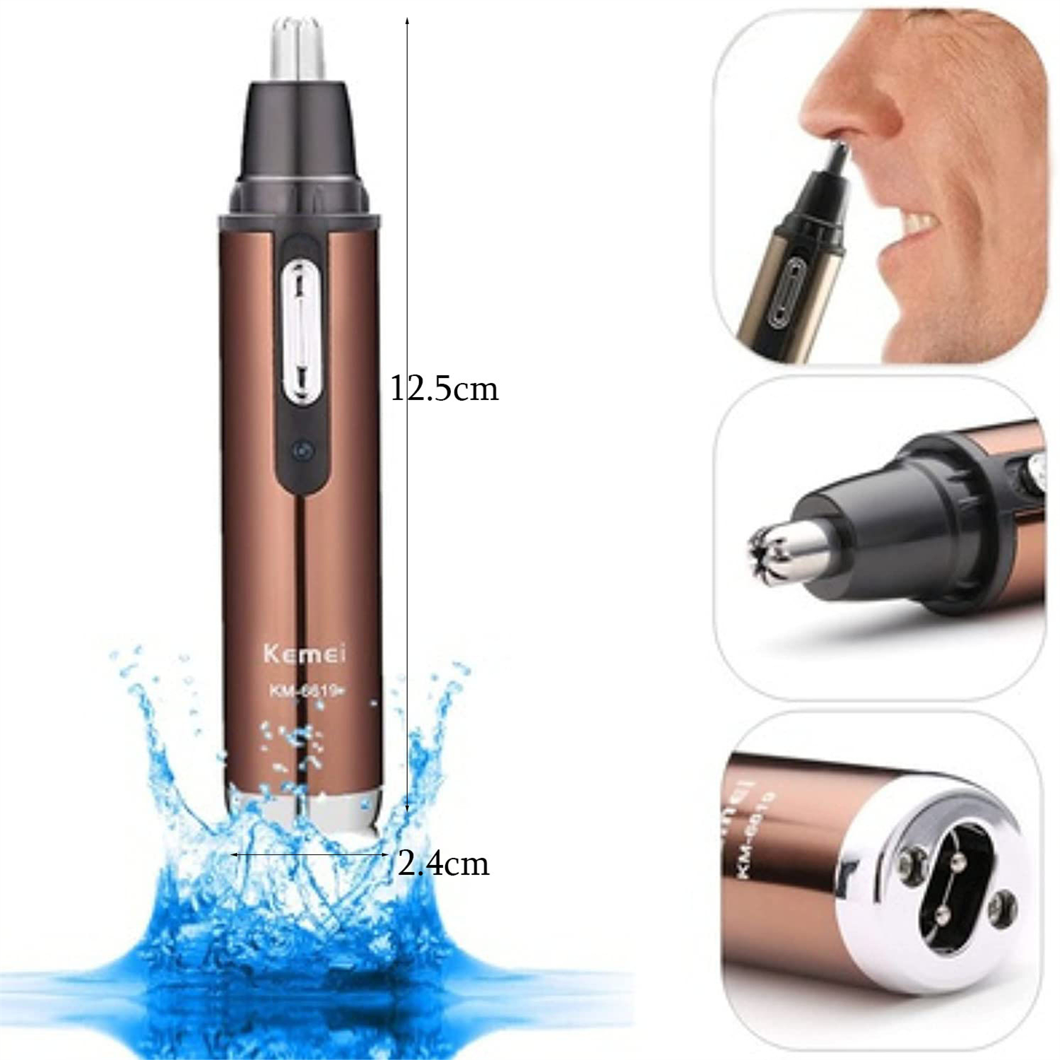 Ein Kemei-Nasenhaartrimmer wird gezeigt. Er ist bronzefarben mit einer silbernen Spitze. Wasser spritzt um ihn herum. Es gibt Nahaufnahmen des Trimmers im Einsatz.