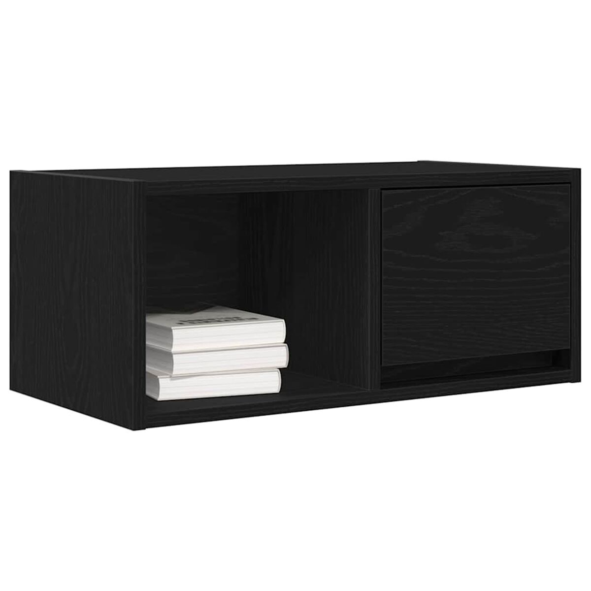 Ein schwarzer Holzschrank mit zwei Fächern. Eines enthält drei weiße Bücher, das andere hat eine geschlossene Tür mit einem Schlitz.