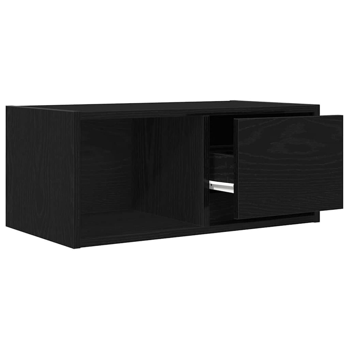 Ein schwarzer Holzschrank mit offener Tür. Der Schrank hat ein offenes Fach und eine Schublade mit weißem Griff.