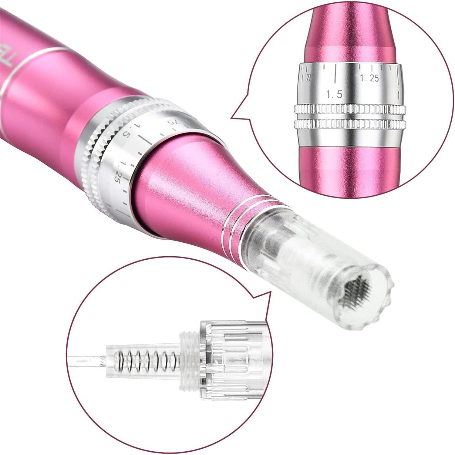 Ein rosa Microneedling-Stift wird gezeigt, mit detaillierten Nahaufnahmen des Nadelkopfes und des Einstellrads.