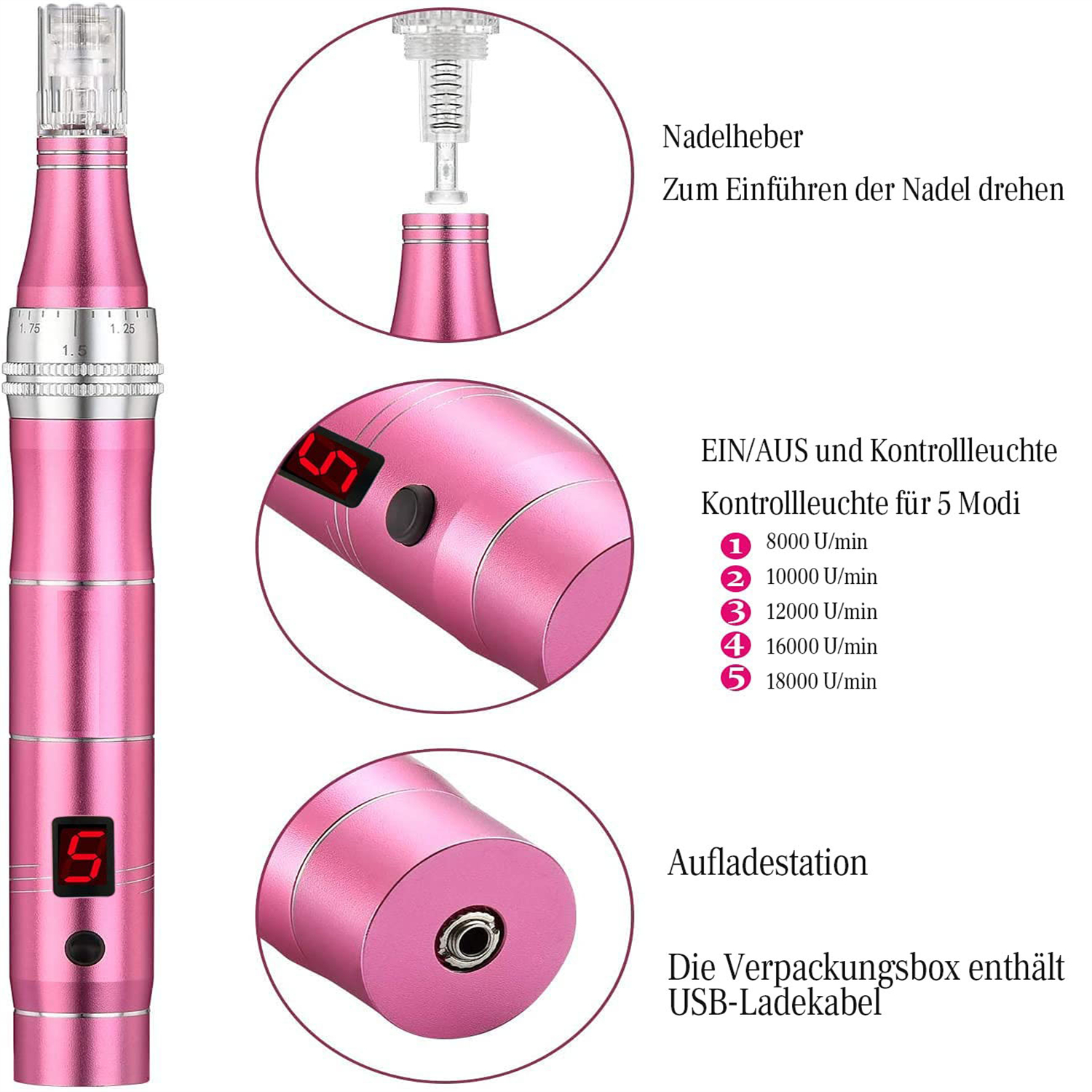 Ein rosa Mikronadelstift mit digitaler Anzeige. Details von Teilen und Funktionen werden mit deutschem Text und Diagrammen gezeigt.