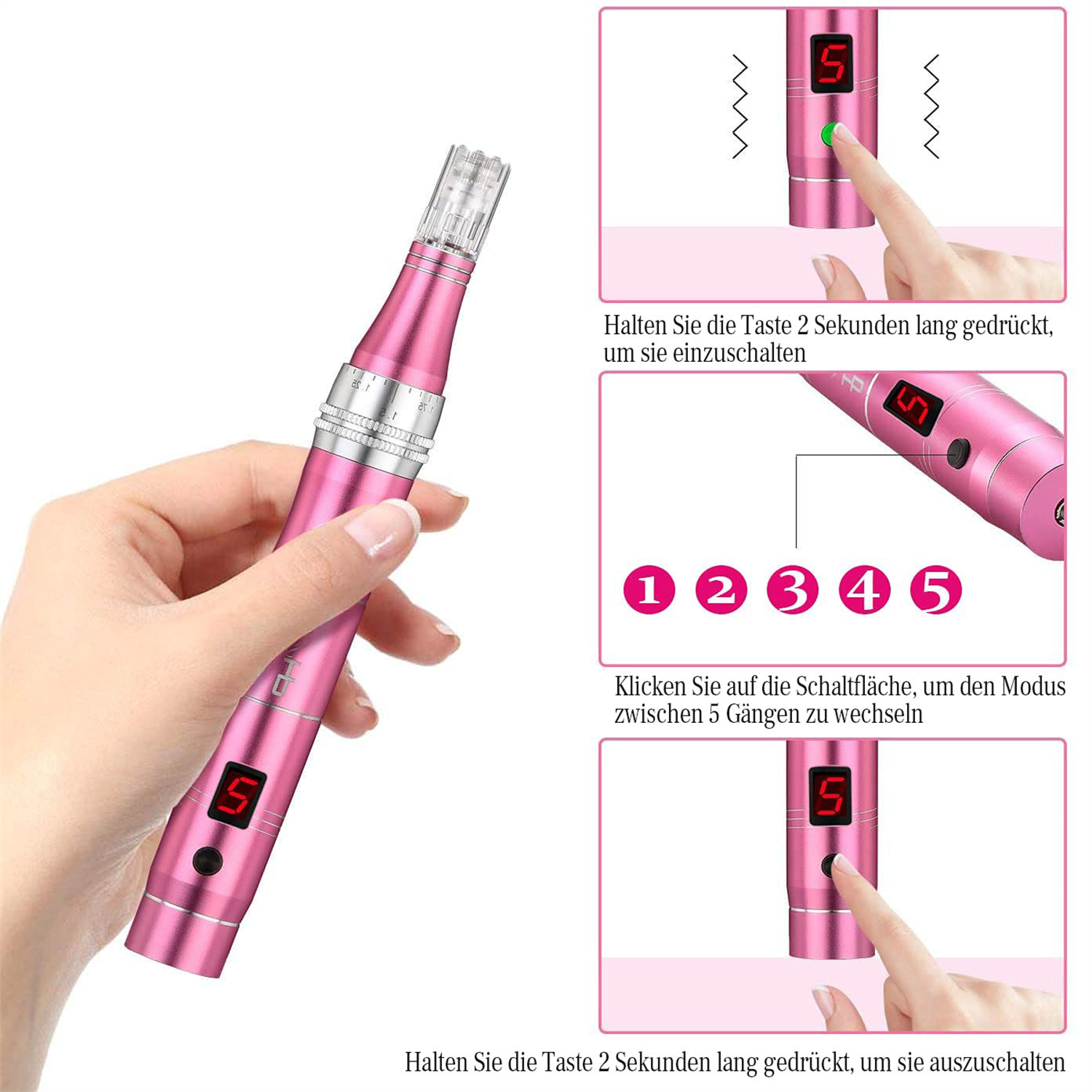Eine rosa Schönheitsvorrichtung wird von einer Hand gehalten. Anweisungen zeigen die Bedienung, inkl. Ein-/Ausschalten und Moduswahl.