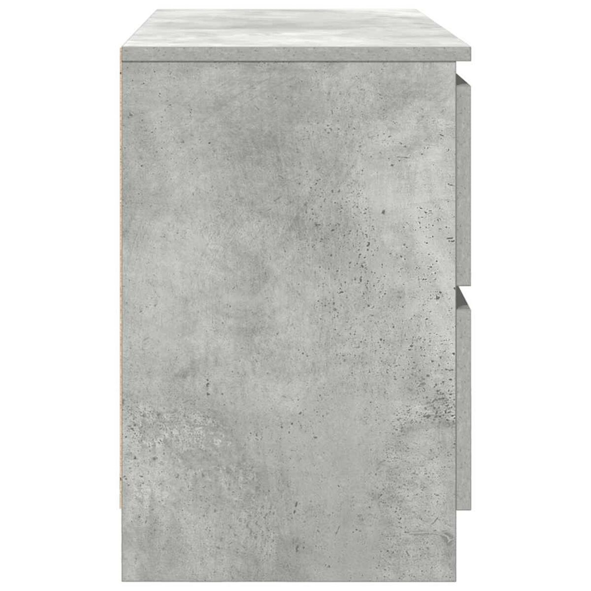 Ein grauer Beton-Schrank mit zwei Schubladen wird von der Seite gezeigt. Die Oberseite und die Seiten haben eine strukturierte Oberfläche.