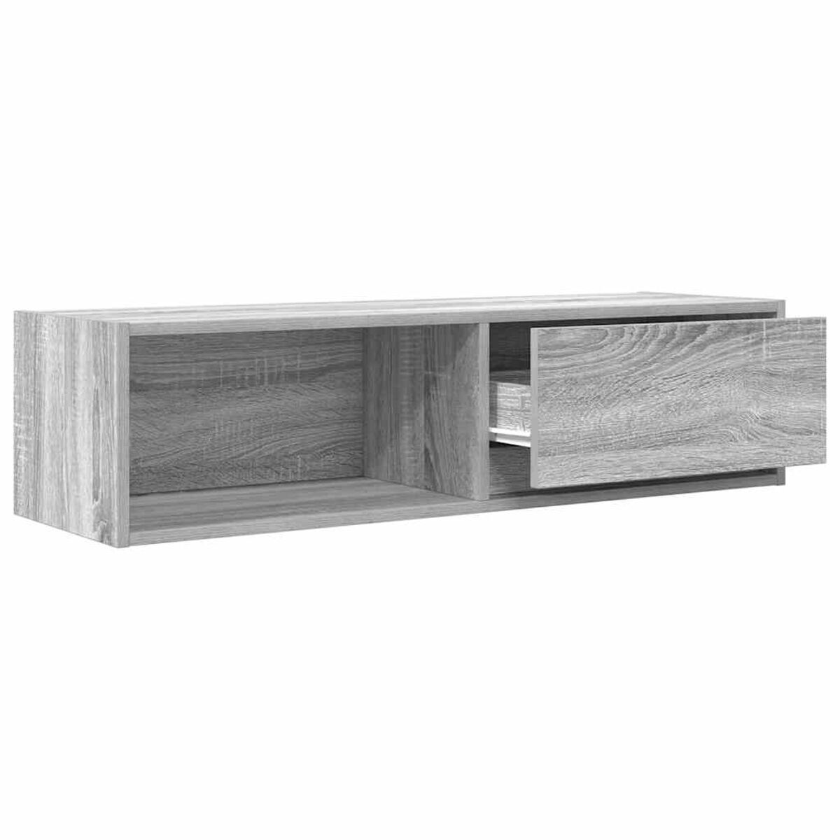 Ein grauer, an der Wand befestigter Schrank mit einem offenen Fach, einem geschlossenen Fach und einer halb geöffneten Schublade, alle mit Holzmaserung.