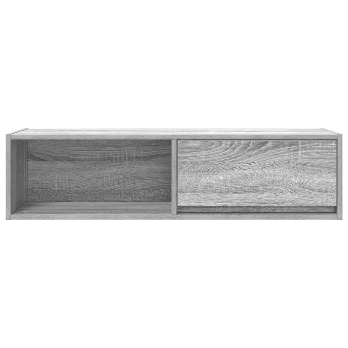 Ein graues Wandregal aus Holz. Es hat ein offenes Fach und ein geschlossenes Fach mit einer Tür.