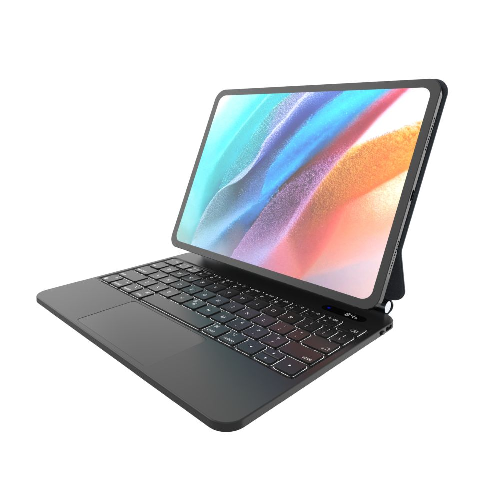 Un tablet nero con tastiera collegata. Lo schermo mostra una sfumatura colorata. La tastiera ha tasti illuminati.