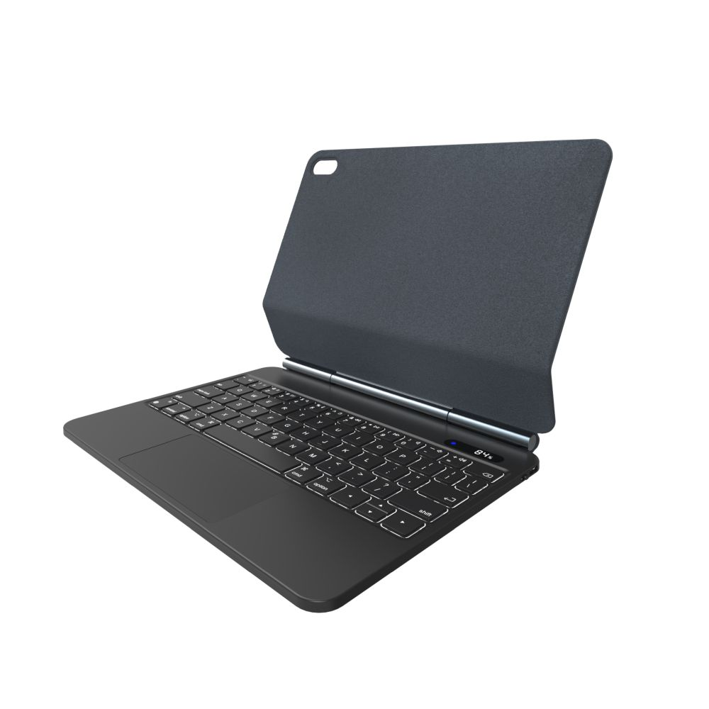 Custodia per tastiera per tablet nera. La tastiera è visibile. La cover è grigio scuro, la tastiera è nera. Lo sfondo è bianco.