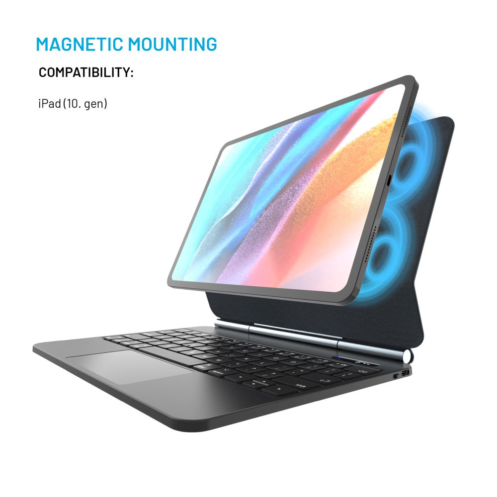 Un iPad collegato a una tastiera. Lo schermo mostra uno sfondo colorato. Viene evidenziato il montaggio magnetico.