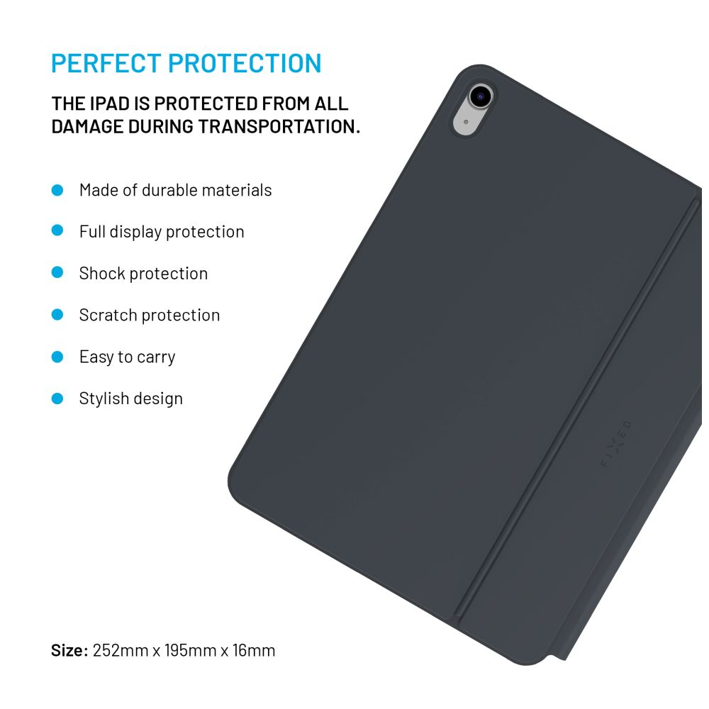 Viene mostrata una custodia per iPad. La custodia è grigio scuro, con una copertura. Il testo menziona caratteristiche come la protezione dagli urti e un design elegante.