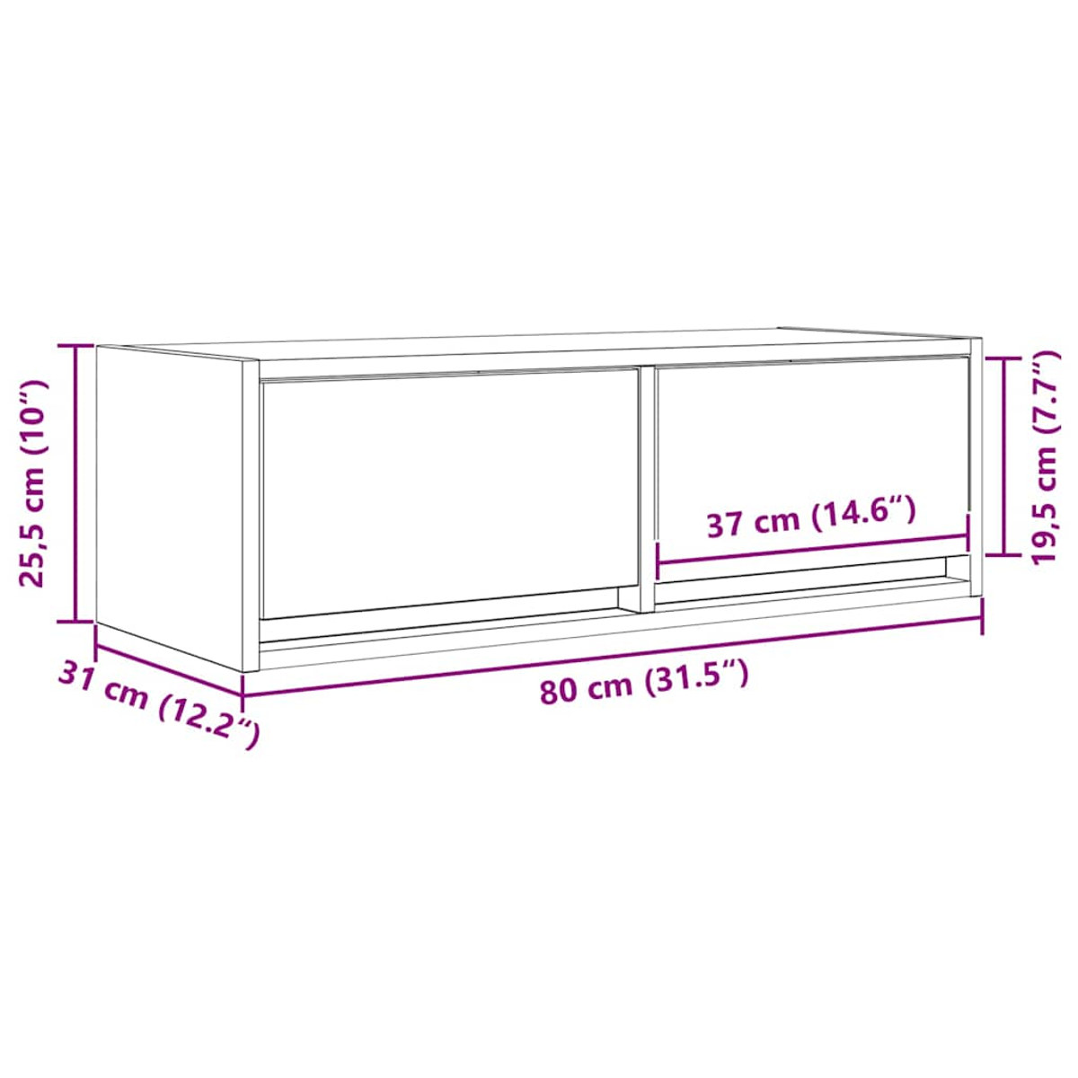 Ein weißer Schrank mit den angegebenen Maßen: 80 cm lang, 31 cm tief und 25,5 cm hoch, und eine Höhe von 19,5 cm.
