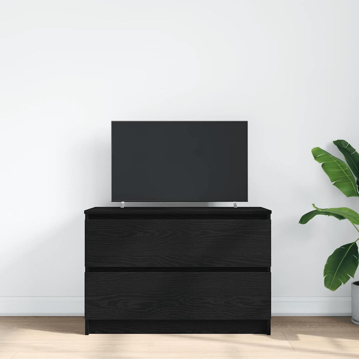 Eine schwarze Kommode mit zwei Schubladen trägt einen schwarzen Fernseher. Im Hintergrund steht eine grüne Pflanze vor einer weißen Wand.