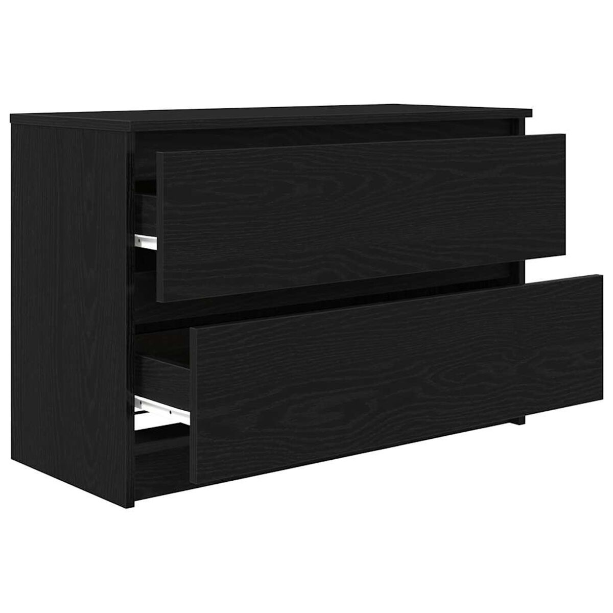 Eine schwarze Kommode mit zwei offenen Schubladen. Die Schubladen sind teilweise ausgezogen. Die Kommode ist aus Holz mit Holzmaserung gefertigt.