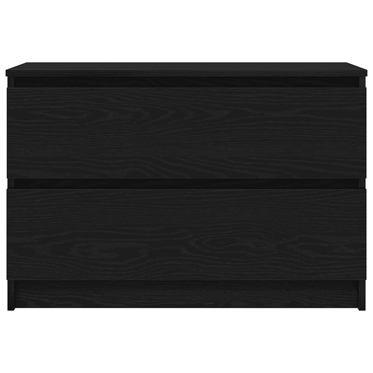 Eine schwarze Holzkommode mit zwei Schubladen. Die Holzmaserung ist sichtbar. Die Kommode ist rechteckig und schlicht gestaltet.