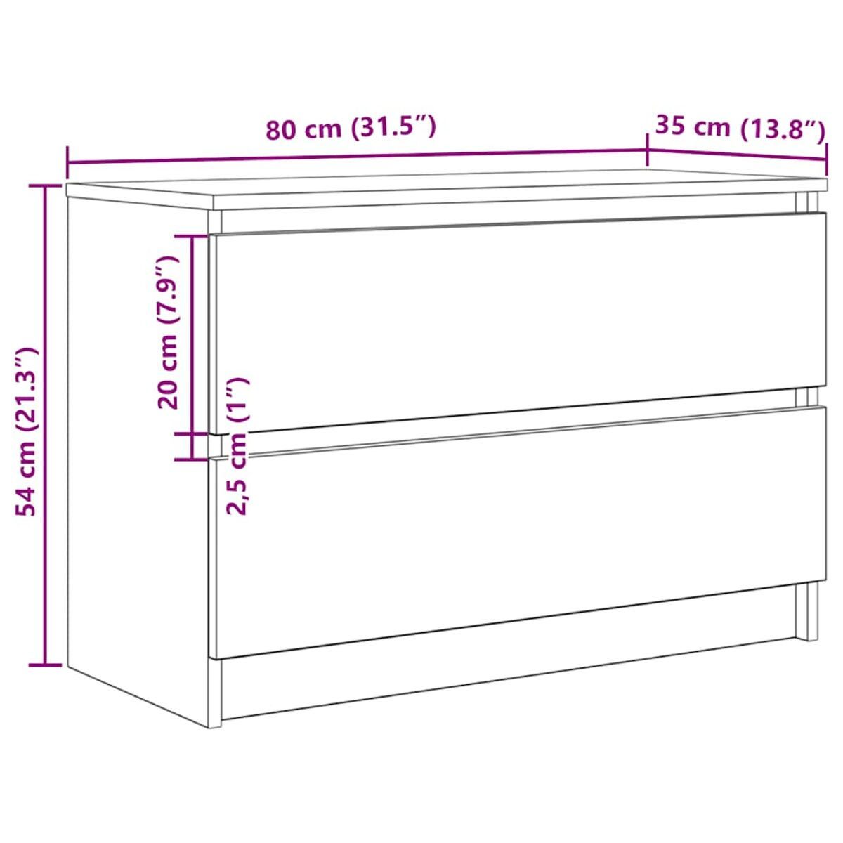 Ein weißer Holzschrank mit zwei Schubladen. Beschriftete Abmessungen: 80 cm Breite, 54 cm Höhe und 35 cm Tiefe, mit Zollmaßen.