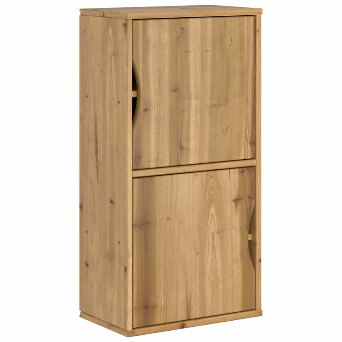 Ein Holzschrank mit zwei Türen. Die Türen haben gebogene Griffe. Das Holz hat eine natürliche Farbe und sichtbare Maserung.