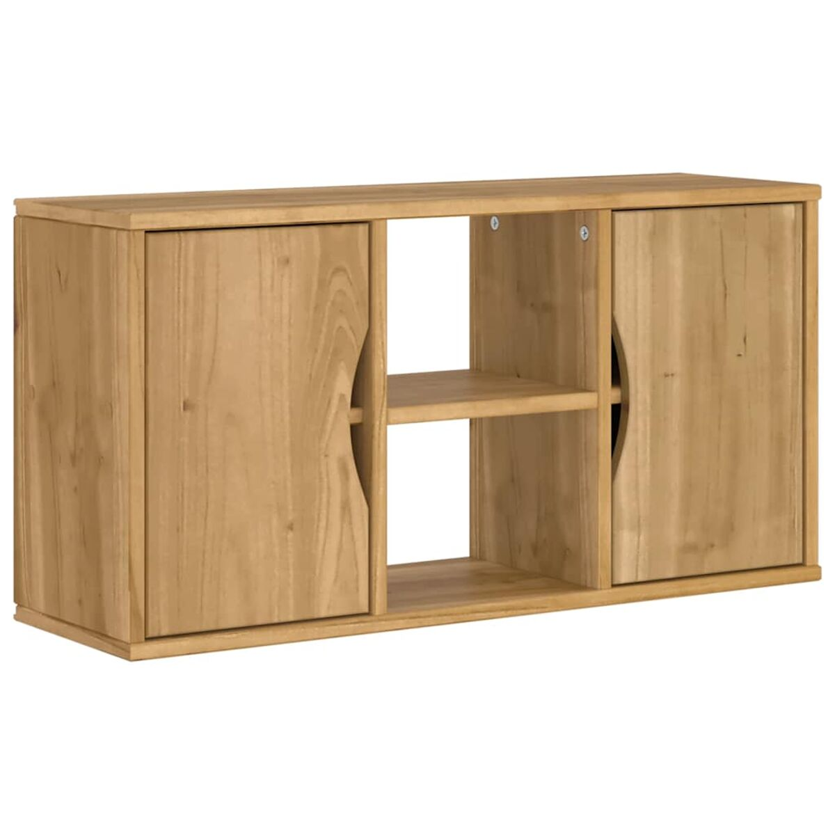 Holzschrank mit zwei Türen und einem offenen Regal. Hellbraune Farbe, schlichtes Design und sichtbare Holzmaserung.