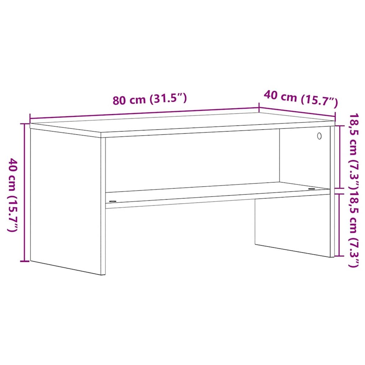 Una mesa de centro rectangular blanca con dimensiones etiquetadas. Tiene un estante y lados abiertos. Medidas en cm y pulgadas.