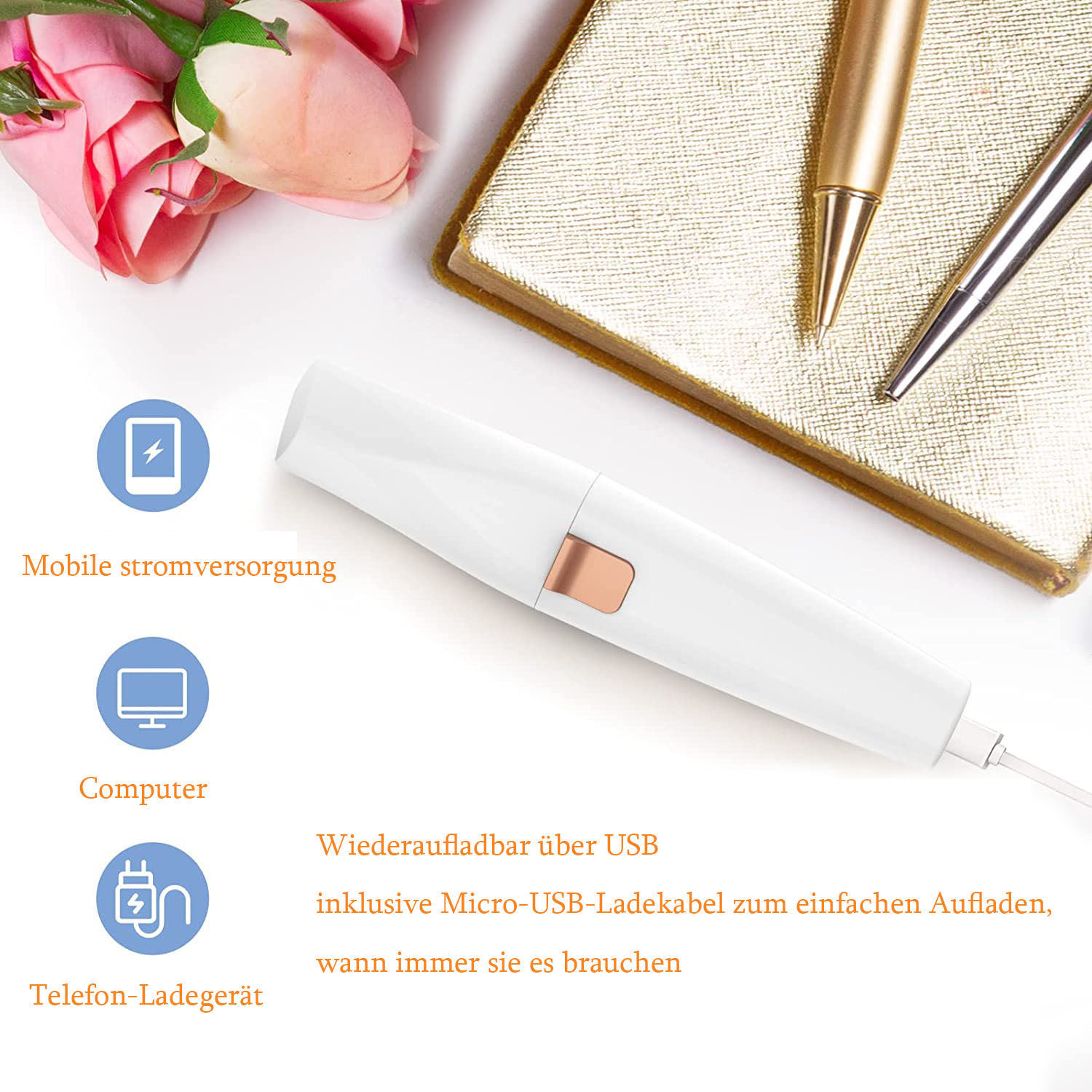 Ein weißes Schönheitsgerät mit roségoldenem Knopf auf weißem Untergrund mit Stift, Notizbuch und Blumen. Text und Symbole sind ebenfalls sichtbar.