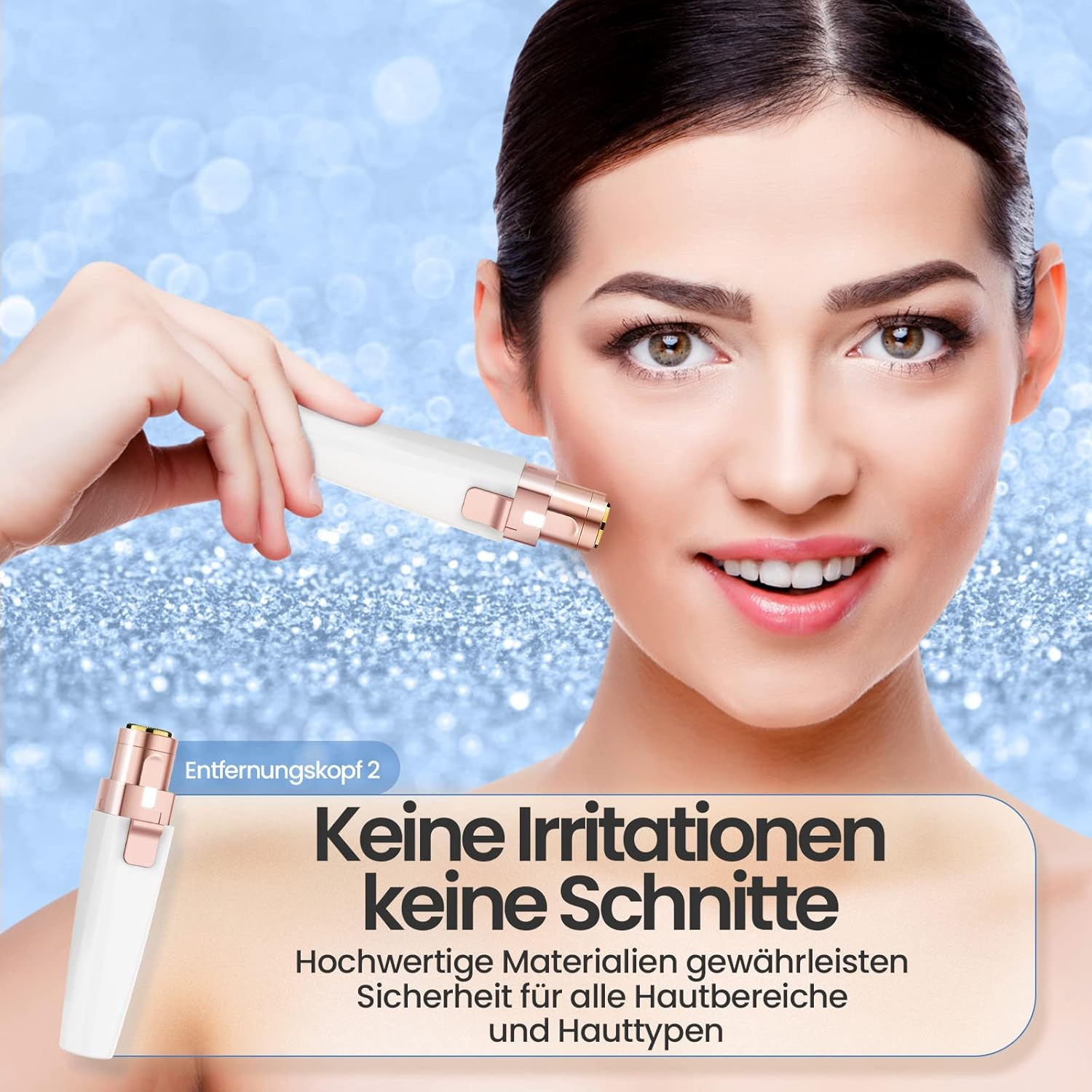 Eine Frau benutzt ein Gesichtshaarentfernungsgerät. Der Hintergrund ist blau. Text: Keine Irritationen, keine Schnitte.