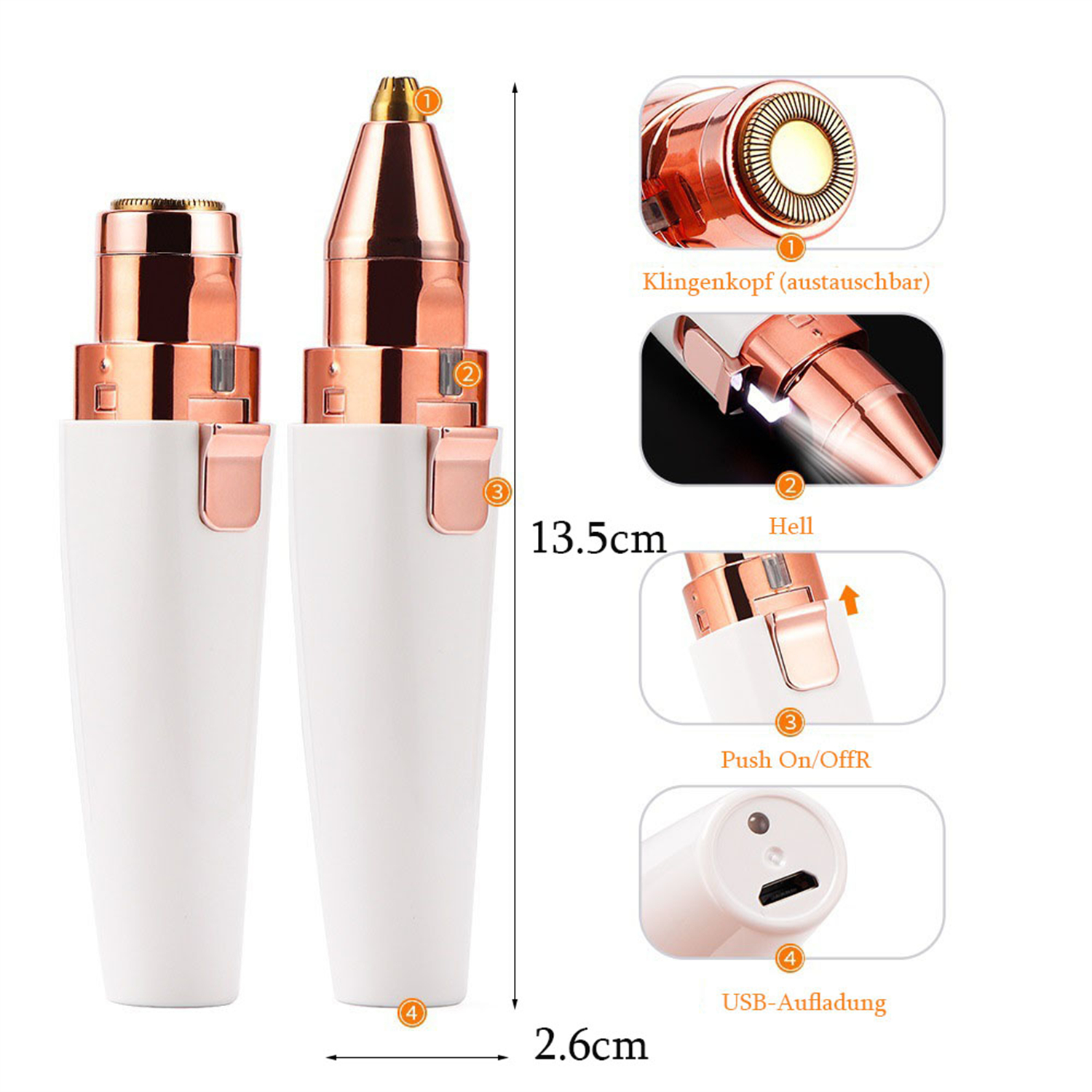 Zwei weiße und roségoldene Augenbrauen-Trimmer mit Details zu Klingen, Ein/Aus-Schalter und USB-Ladeanschluss, mit Maßangaben.