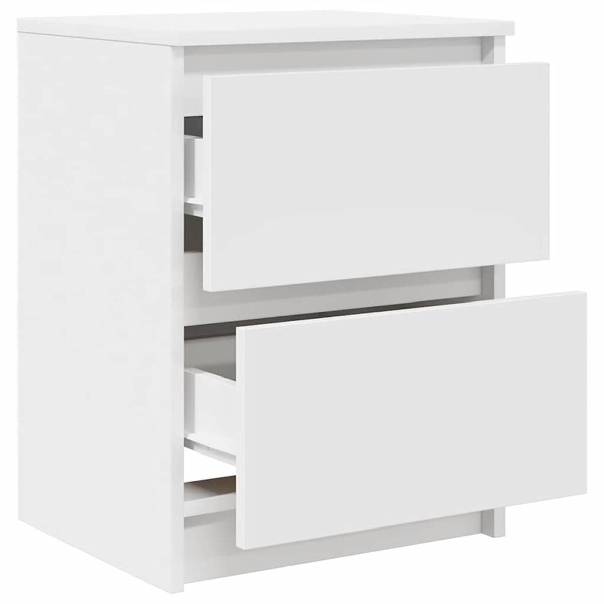 Ein weißer Schrank mit zwei Schubladen. Die obere Schublade ist teilweise geöffnet, die untere ist geöffnet. Der Schrank ist freigestellt.