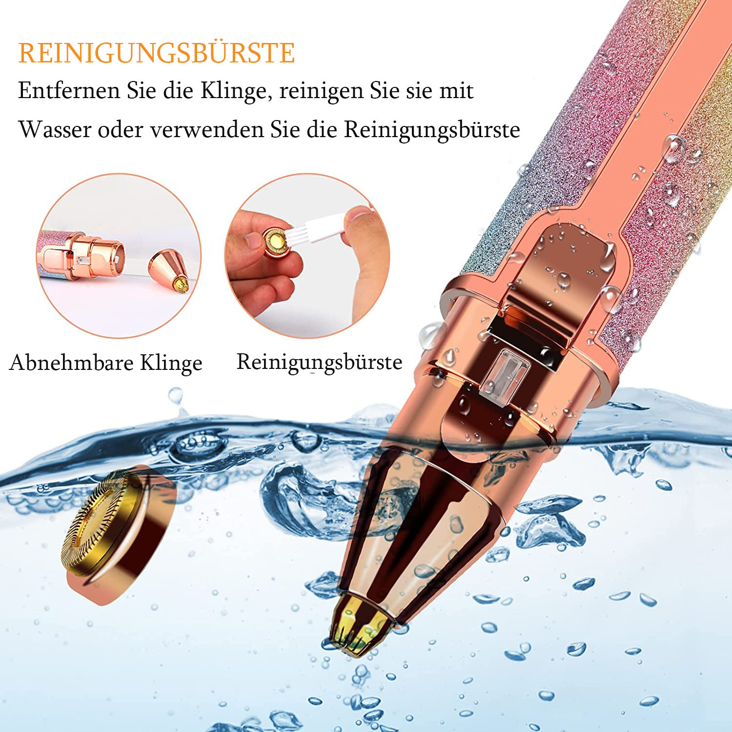 Ein Epilierer mit glitzerndem Griff befindet sich im Wasser. Zwei kleinere Bilder zeigen die Klinge und die Reinigungsbürste. Text auf Deutsch beschreibt die Reinigung.