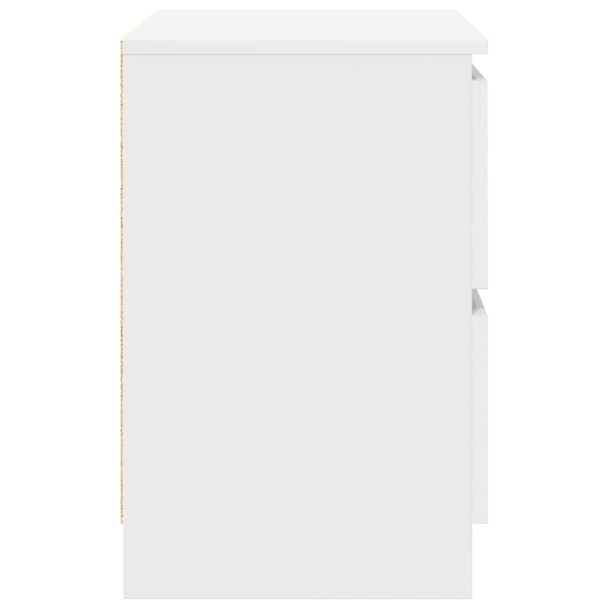 Seitenansicht eines weißen Schranks mit zwei Schubladen. Die Kante des Schranks zeigt eine hellbraune Holzmaserung. Sauberes Design.