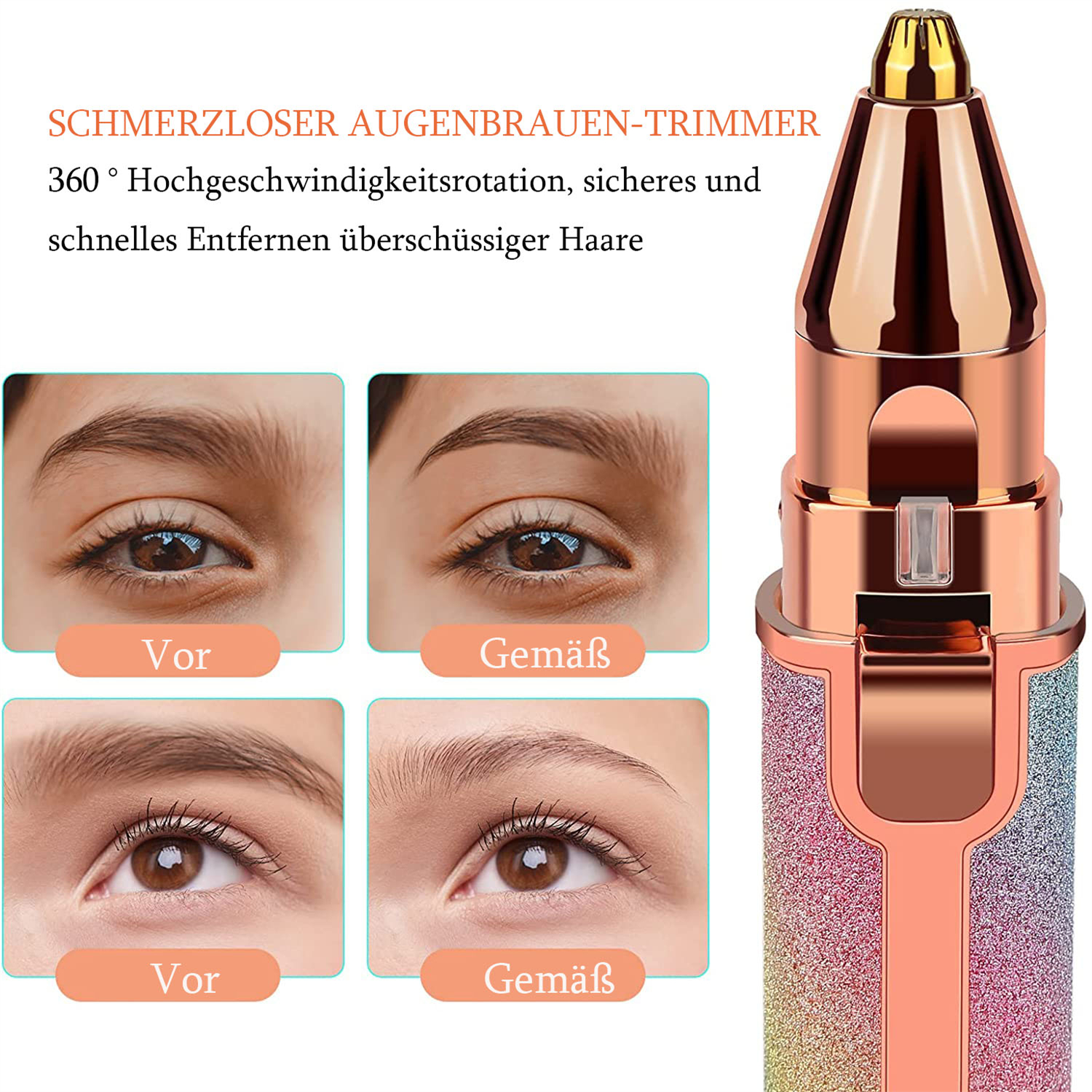 Augenbrauentrimmer mit Vorher-Nachher-Fotos von getrimmten Augenbrauen. Der Trimmer ist roségold mit Glitzer.