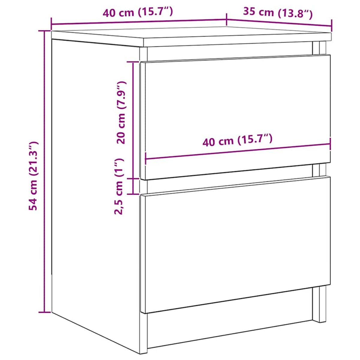 Ein weißer Nachttisch mit zwei Schubladen und Abmessungen in cm und Zoll. Die Oberseite misst 40 cm x 35 cm.