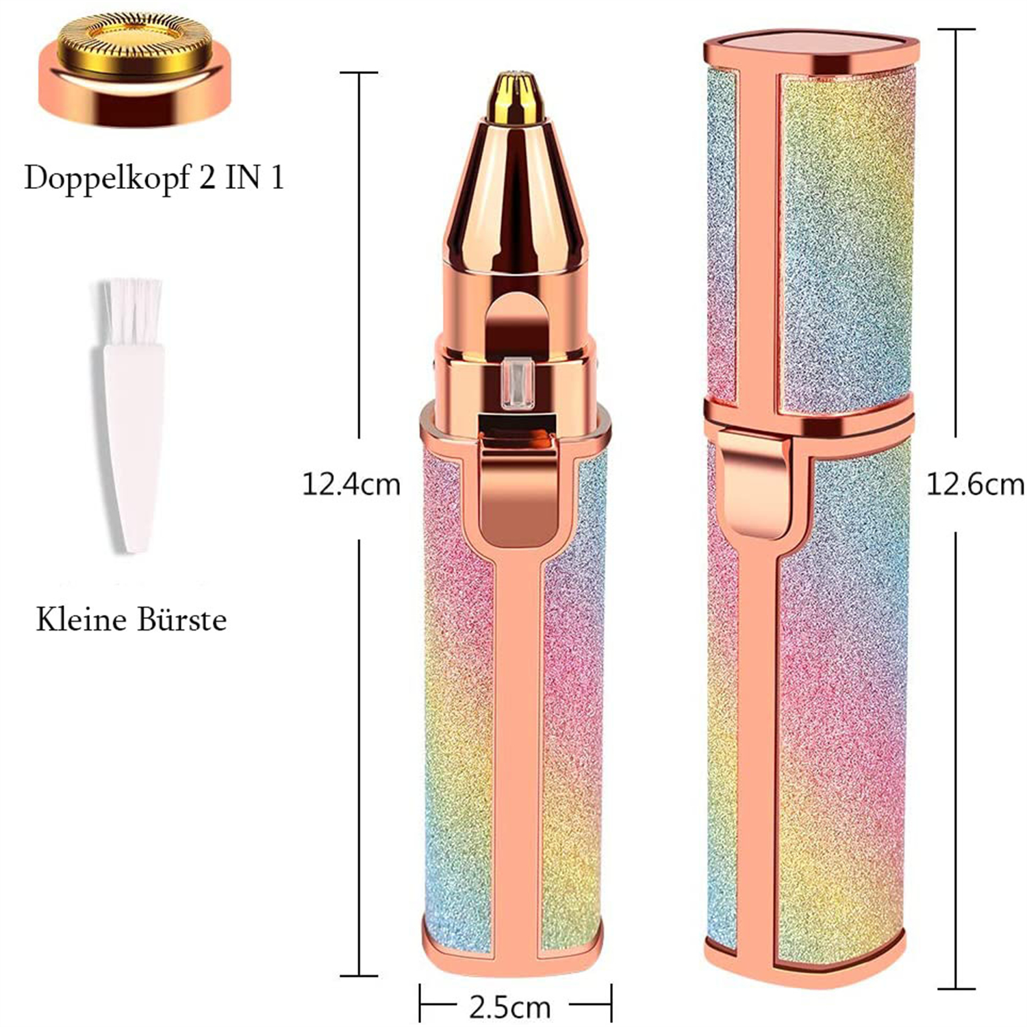 Ein regenbogenfarbenes Beauty-Tool-Set, einschließlich Trimmer und Etui. Komponenten beschriftet: 'Doppelkopf 2 IN 1' und 'Kleine Bürste'.