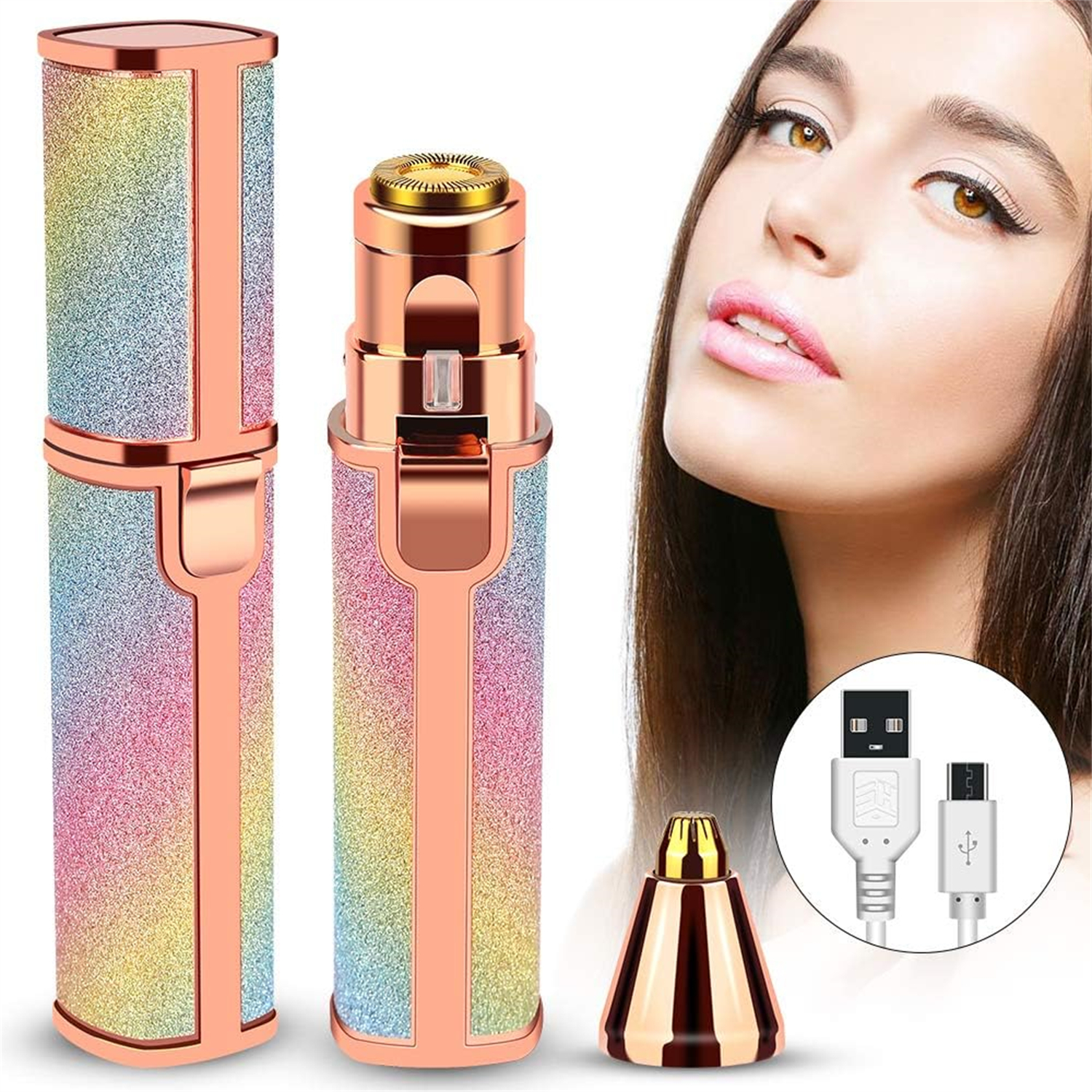 Eine Frau und ein Gesichtshaarentferner. Der Rasierer ist in Roségold und Regenbogenfarben gehalten. USB-Kabel und ein Nasenhaartrimmer sind ebenfalls vorhanden.