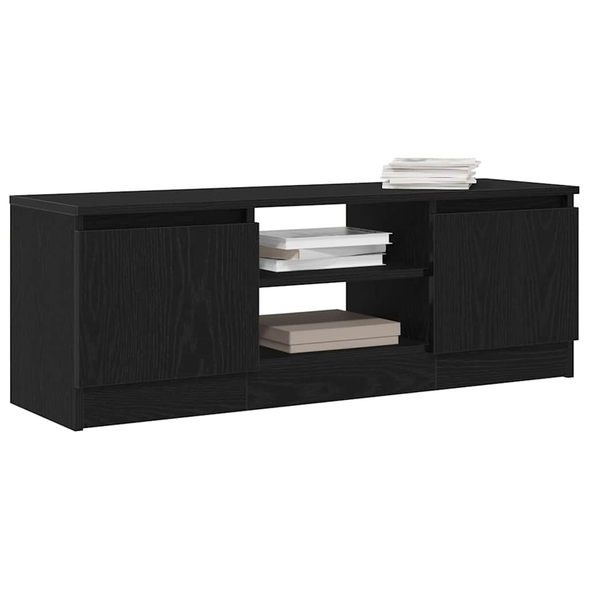 Schwarzer TV-Schrank aus Holz mit Türen und Regalen. Auf den Regalen und oben sind Bücher und eine Box zu sehen.
