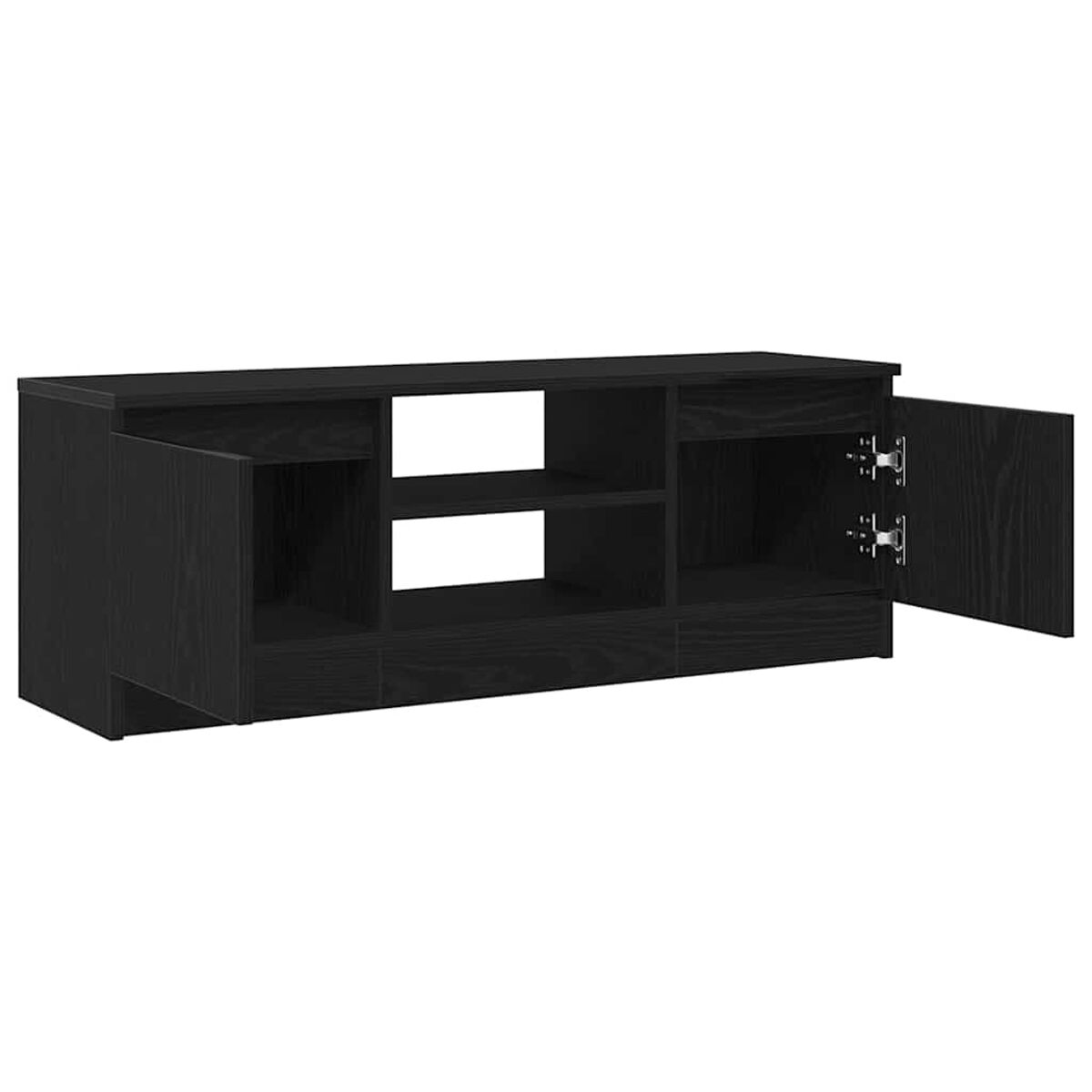 Ein schwarzer TV-Schrank aus Holz mit zwei geöffneten Türen und Fächern. In der Mitte sind zwei Regale sichtbar.