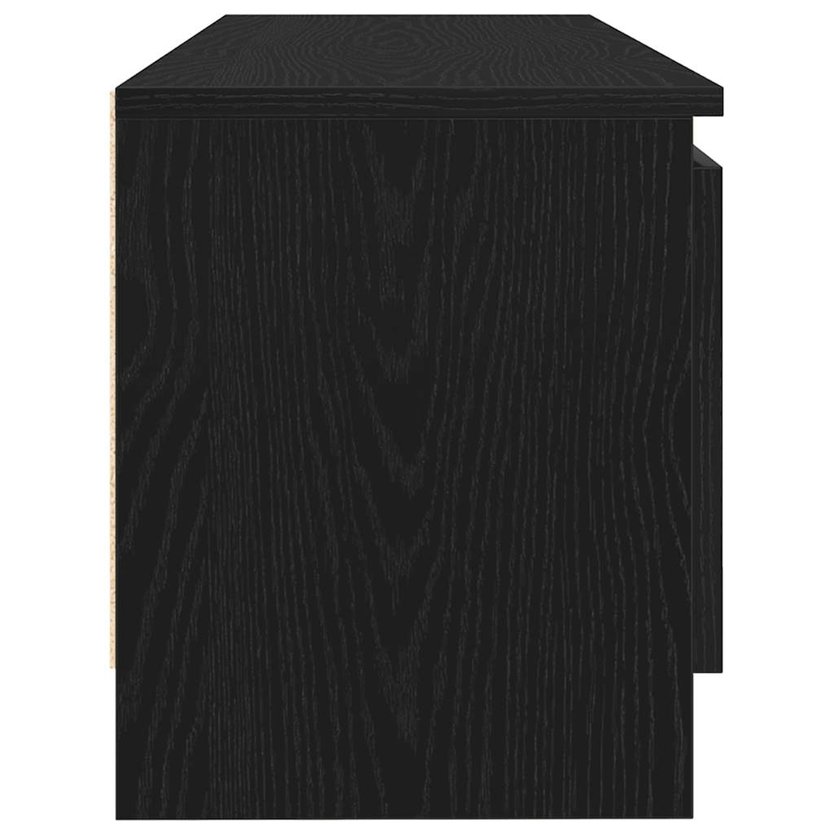 Ein schwarzer Holzschrank. Die Seite ist sichtbar und zeigt die Maserung des Holzes. Die Oberseite ist flach und ragt leicht vor.