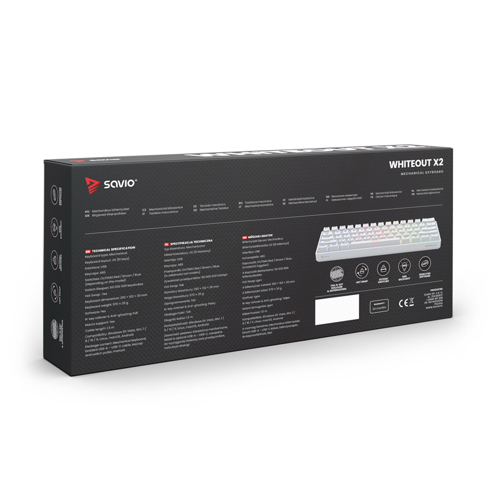 Pudełko klawiatury mechanicznej Savio Whiteout X2. Obraz białej klawiatury na pudełku. Wymieniono specyfikacje techniczne i funkcje.