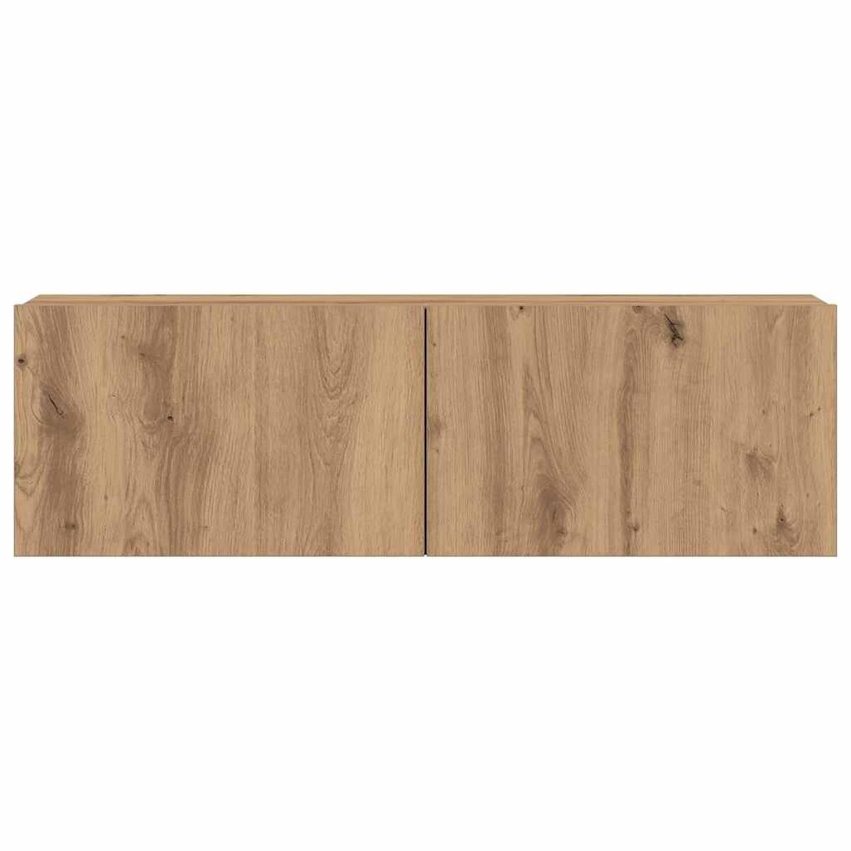 Ein Holzschrank mit zwei Türen, hellbraune Farbe, an einer weißen Wand montiert. Die Holzmaserung ist auf den Türen sichtbar.