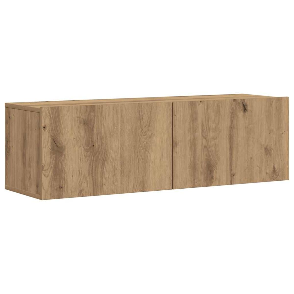 Ein hellbrauner Holzschrank mit zwei Türen. Der Schrank hat eine rechteckige Form und eine Holzmaserung.