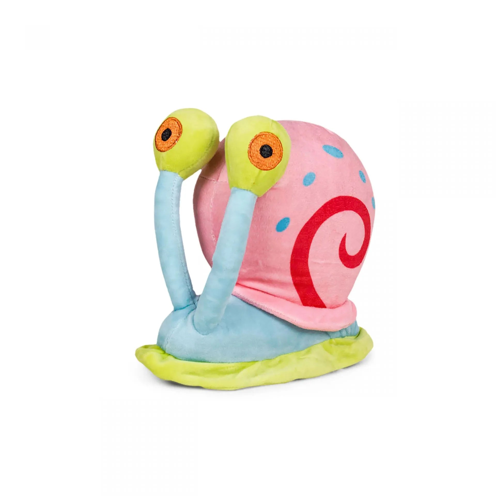 Ein Plüschtier von Gary, der Schnecke aus Spongebob. Es hat ein rosa Gehäuse mit blauen Punkten, große Augen und eine grüne Basis.