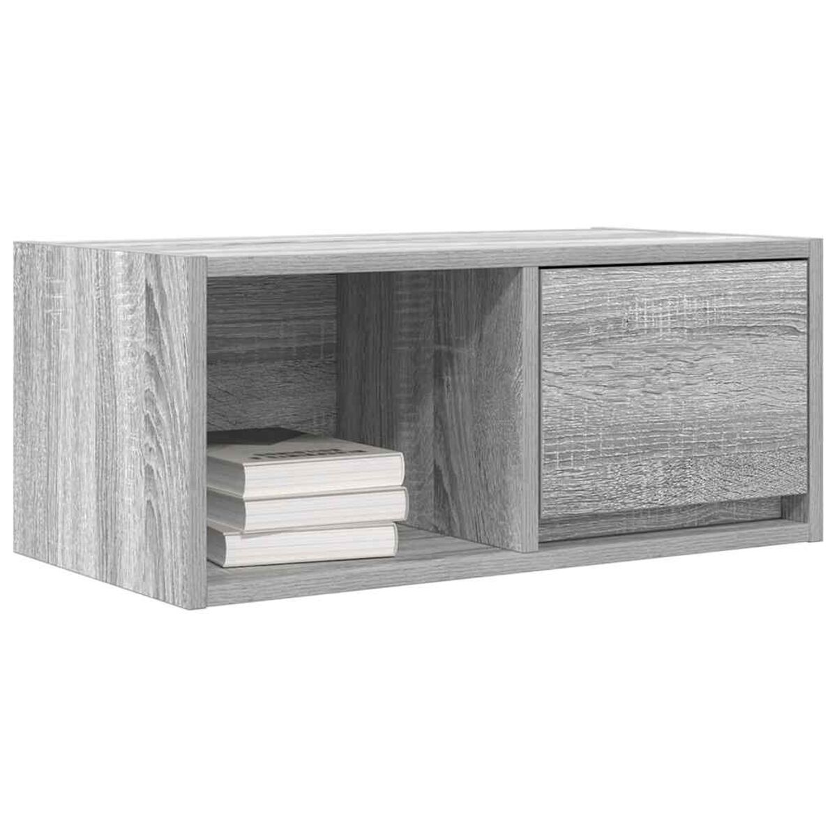 Ein grauer Holzschrank mit drei Büchern in einem offenen Regal und einer geschlossenen Schublade.