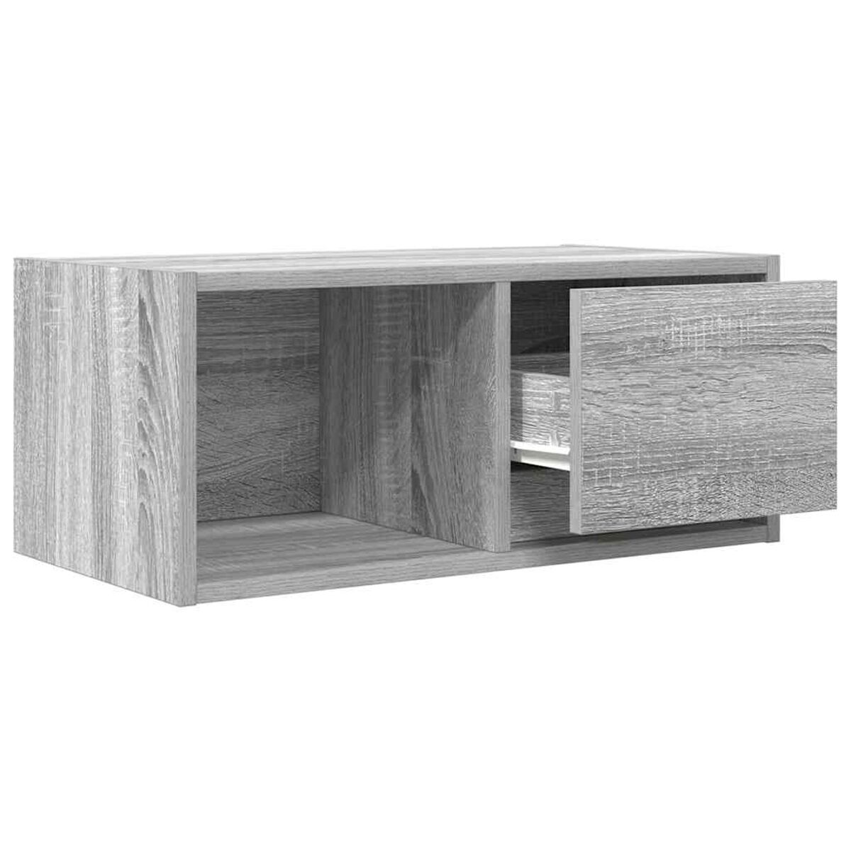 Ein grauer Holzschrank mit offenen Fächern und einer teilweise geöffneten Schublade auf der rechten Seite, die ein weißes Innere zeigt.