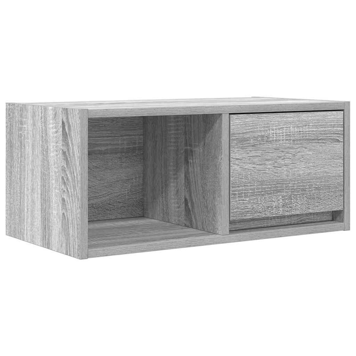 Ein grauer Holzschrank mit einem offenen Fach und einer Schublade.
