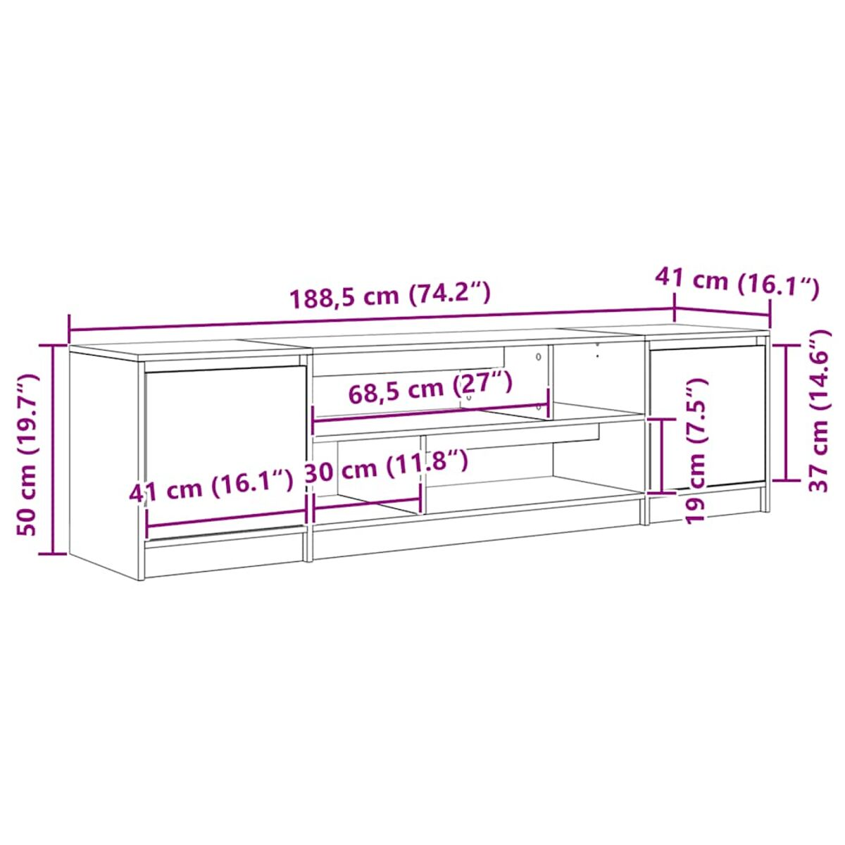 Ein Diagramm zeigt die Abmessungen eines TV-Ständers: 188,5 cm breit, 50 cm hoch und 37 cm tief. Regale und Fächer sind markiert.