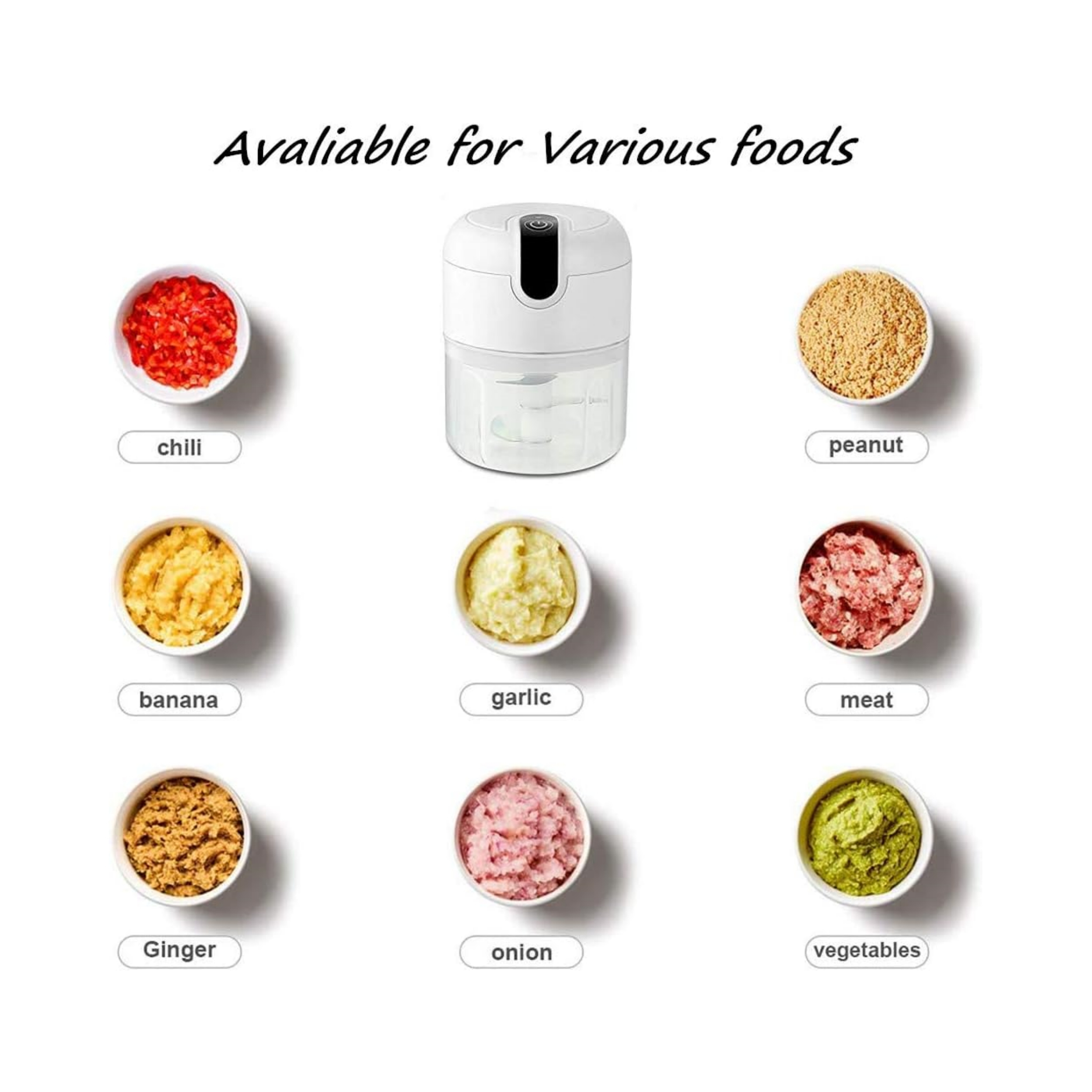 Ein Küchenmixer mit verschiedenen gehackten Lebensmitteln, darunter Chili, Erdnuss, Banane, Knoblauch, Fleisch, Ingwer, Zwiebel und Gemüse.