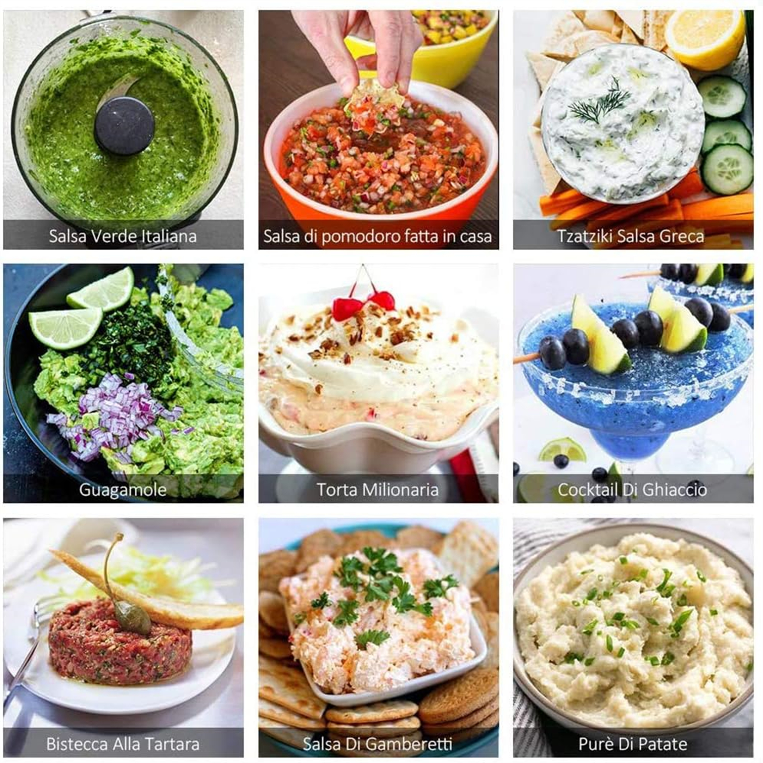 Neun Bilder verschiedener Speisen, darunter Salsa, Guacamole, Steak Tatar und Kartoffelpüree.