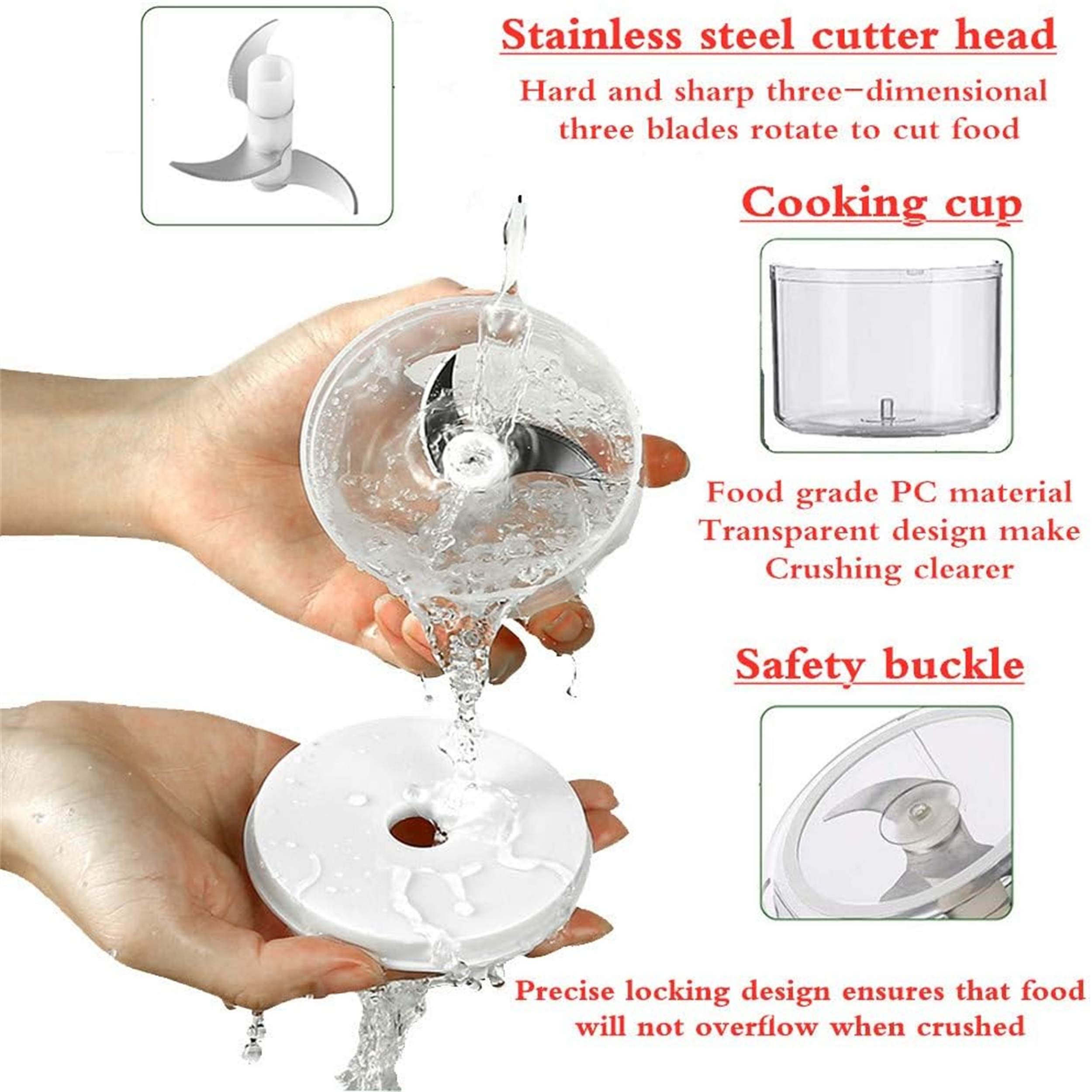 Hände halten einen Foodprocessor, Wasser fließt daraus. Teile des Prozessors sind abgebildet, mit Beschriftungen für Funktionen wie Klingen und eine Kochschüssel.