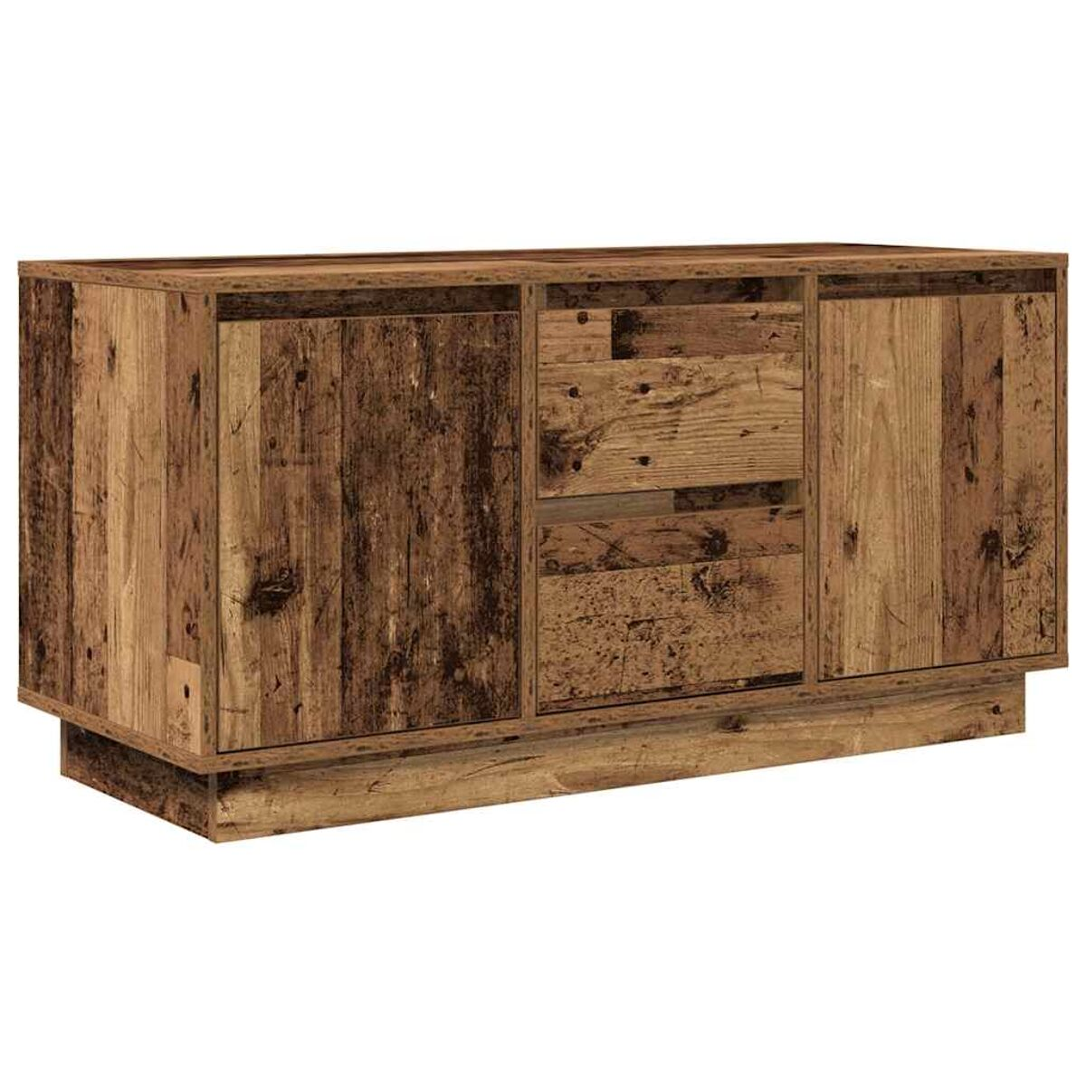 Ein Holzsideboard mit Türen und Schubladen. Es hat ein rustikales, abgenutztes Aussehen mit sichtbarer Holzmaserung und Knoten.