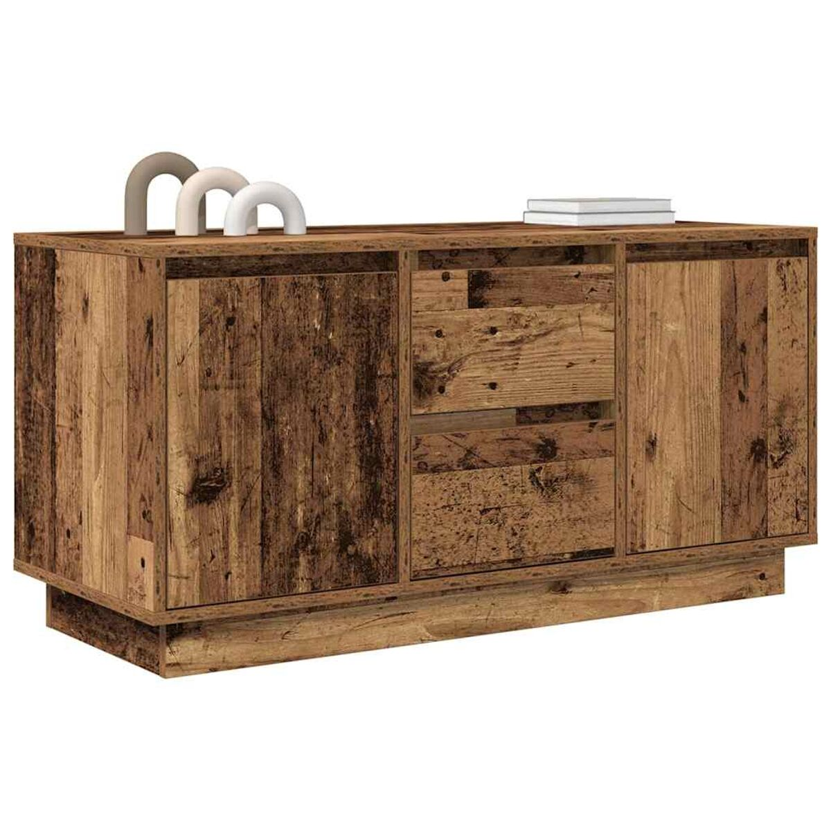 Ein Holzschrank mit Türen, Schubladen und dekorativen Bögen oben. Auf der Oberseite sind auch Bücher zu sehen. Das Holz hat eine rustikale Oberfläche.